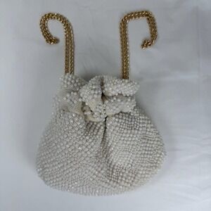 Vintage Faux Pearl Bags Beaded Purse 1940s Cinch Chain